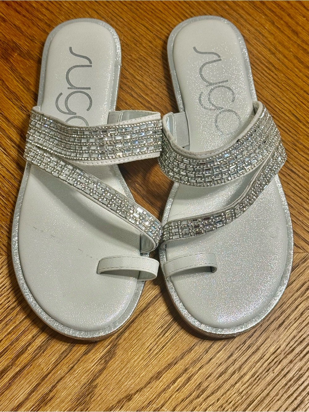 Sugar Silver Rhinestone Slide Sandals | Sparkly Embellished Toe Ring Flat Sandal